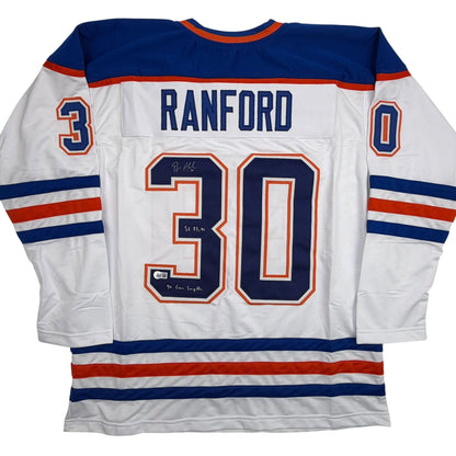 Autographed/Signed Bill Ranford Edmonton White Hockey Jersey Beckett BAS COA