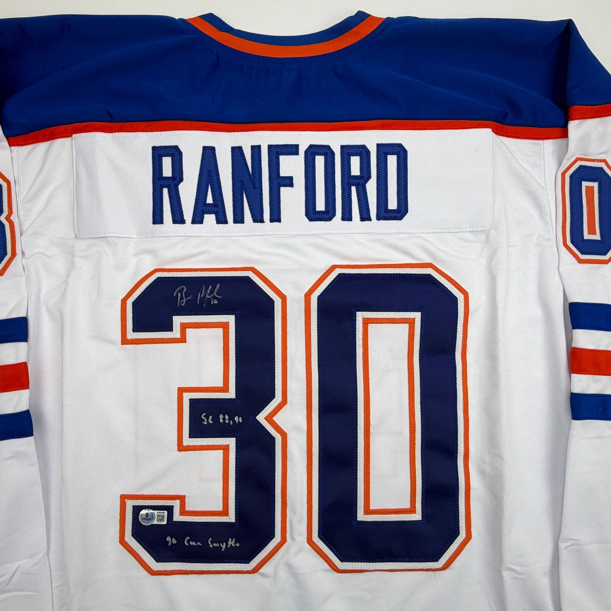 Autographed/Signed Bill Ranford Edmonton White Hockey Jersey Beckett BAS COA