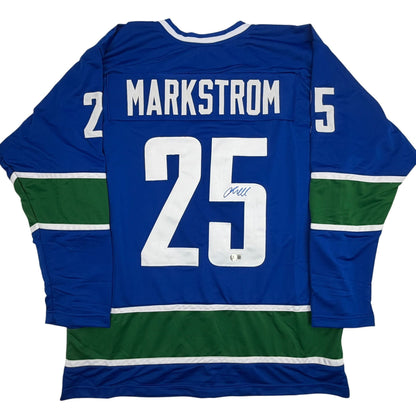 Autographed/Signed Jacob Markstrom Vancouver Blue Hockey Jersey Beckett BAS COA
