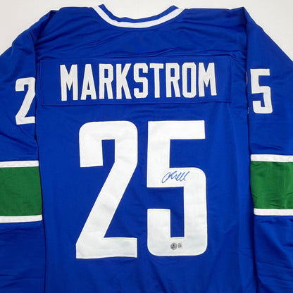 Autographed/Signed Jacob Markstrom Vancouver Blue Hockey Jersey Beckett BAS COA
