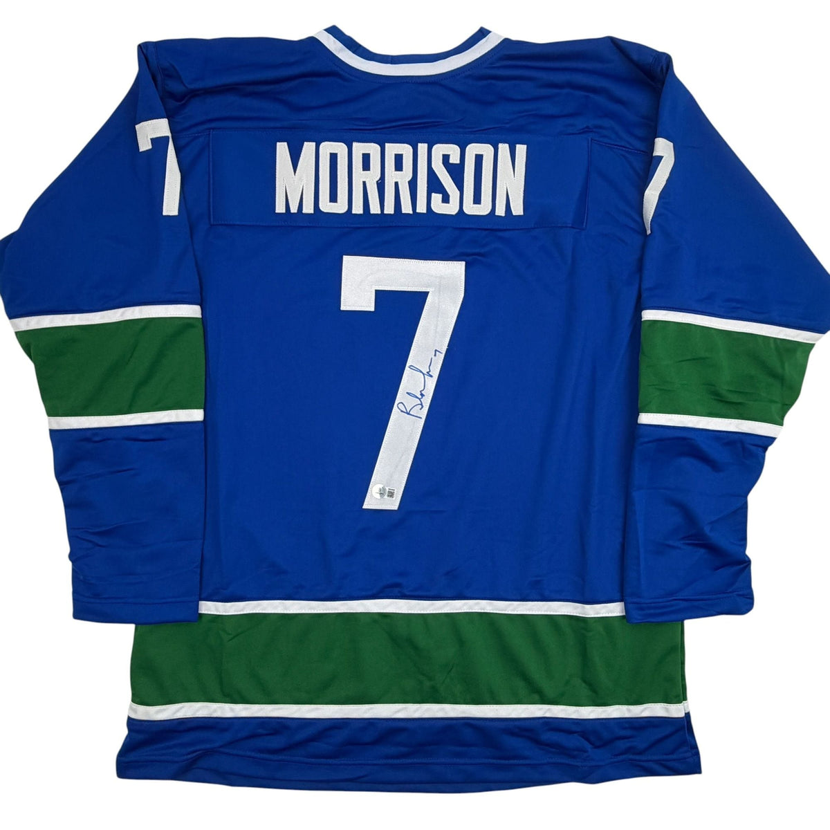 Autographed/Signed Brendan Morrison Vancouver Blue Hockey Jersey Beckett BAS COA