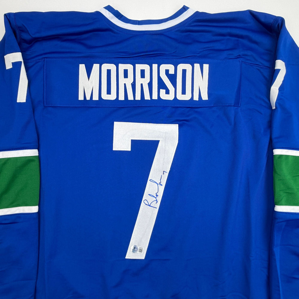 Autographed/Signed Brendan Morrison Vancouver Blue Hockey Jersey Beckett BAS COA