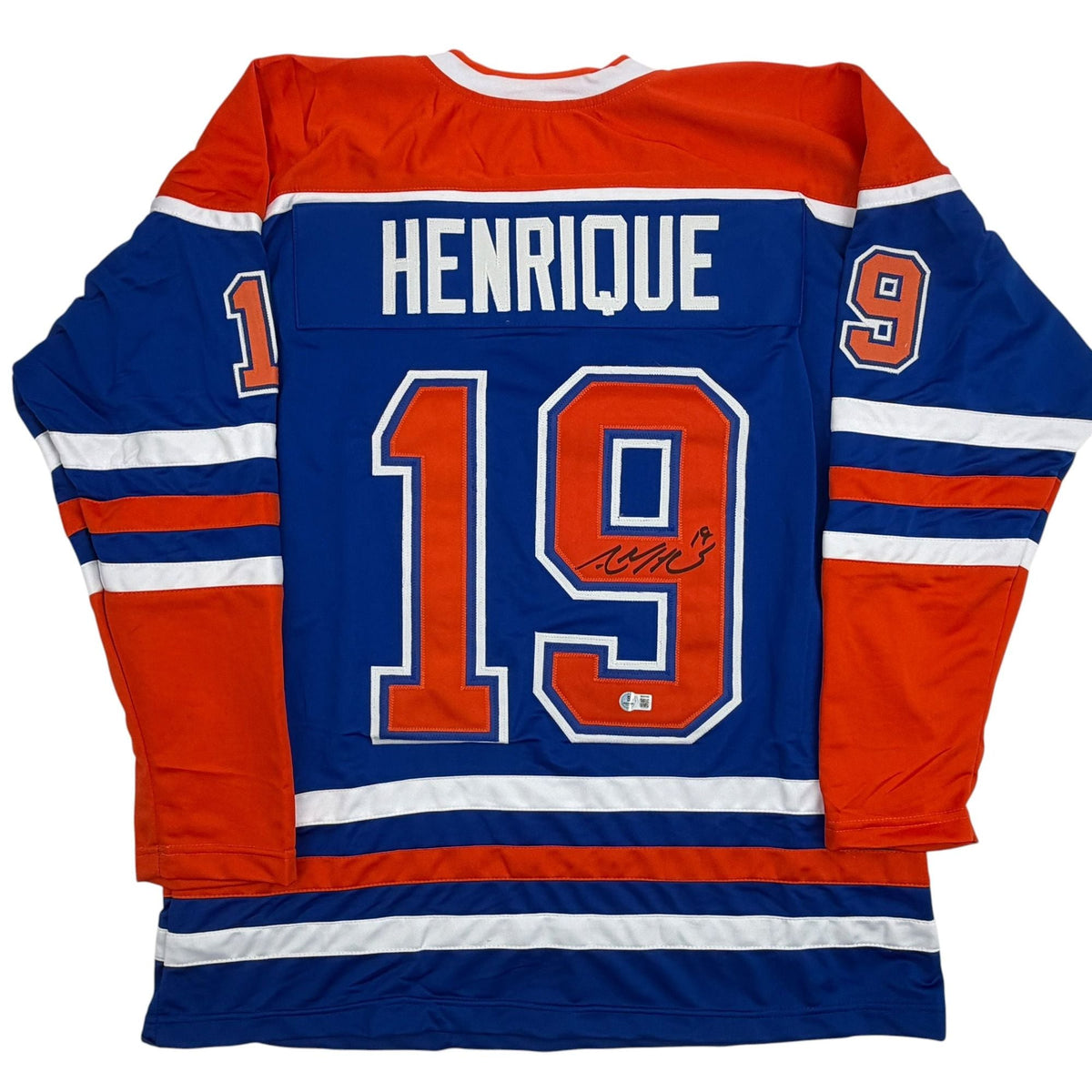 Autographed/Signed Adam Henrique Edmonton Blue Hockey Jersey Beckett BAS COA