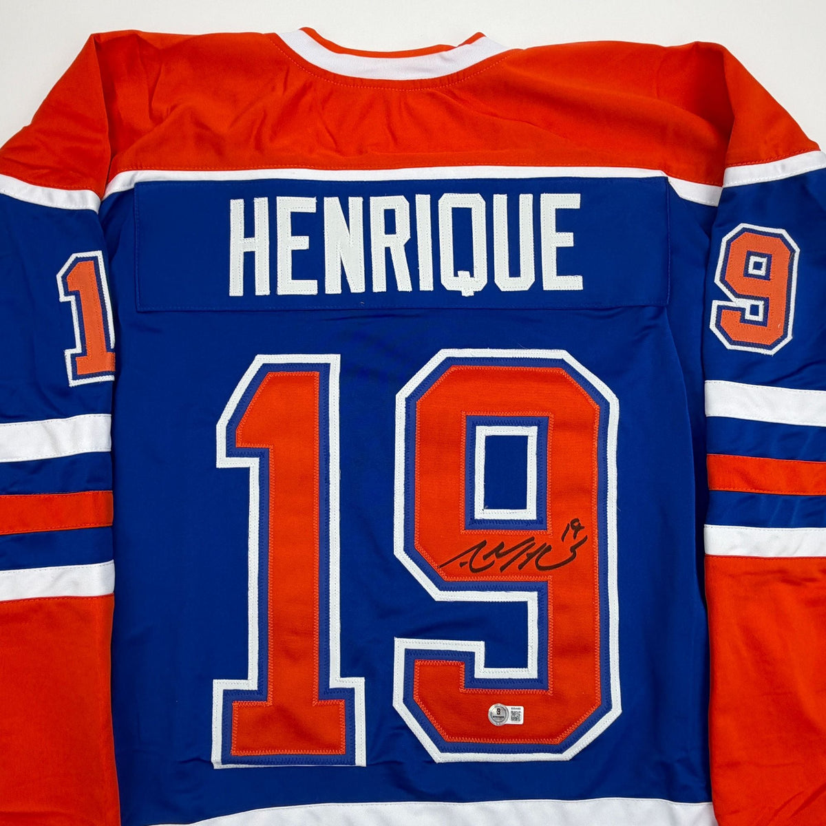 Autographed/Signed Adam Henrique Edmonton Blue Hockey Jersey Beckett BAS COA
