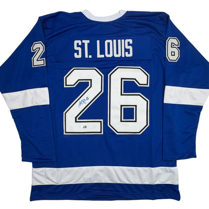 Autographed/Signed Martin St. Louis Tampa Bay Blue Hockey Jersey Beckett BAS COA