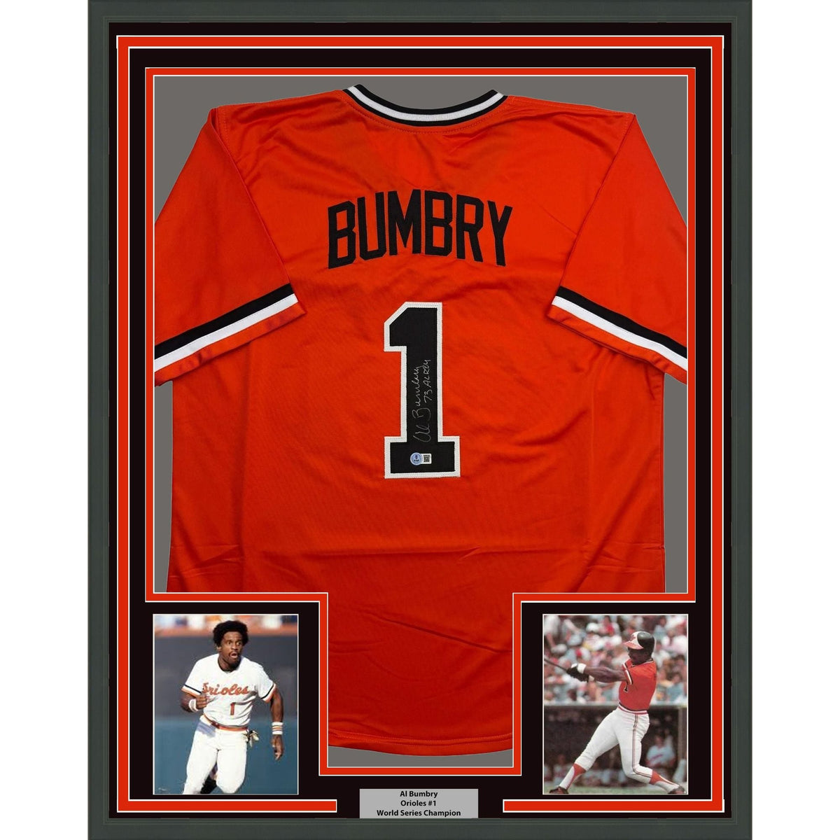 Framed Autographed/Signed Al Bumbry 73 AL ROY 35x39 Baltimore Orange Baseball Jersey Beckett BAS COA