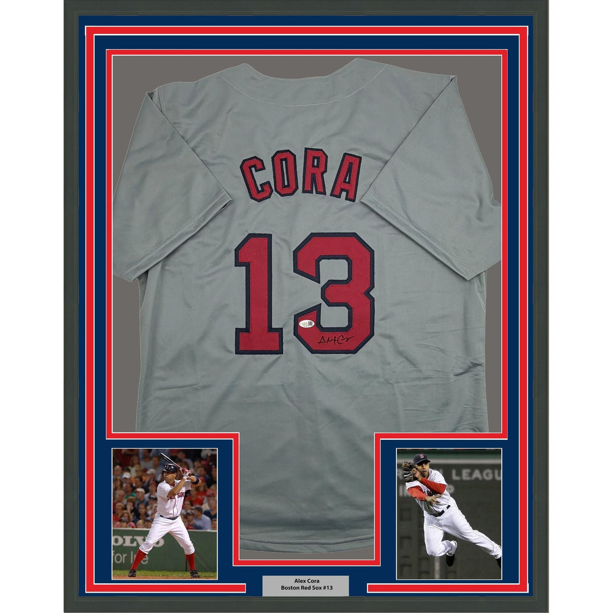 Framed Autographed/Signed Alex Cora 35x39 Boston Grey Baseball Jersey JSA COA