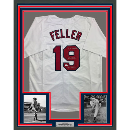 Framed Autographed/Signed Bob Feller 35x39 Cleveland White Baseball Jersey JSA COA