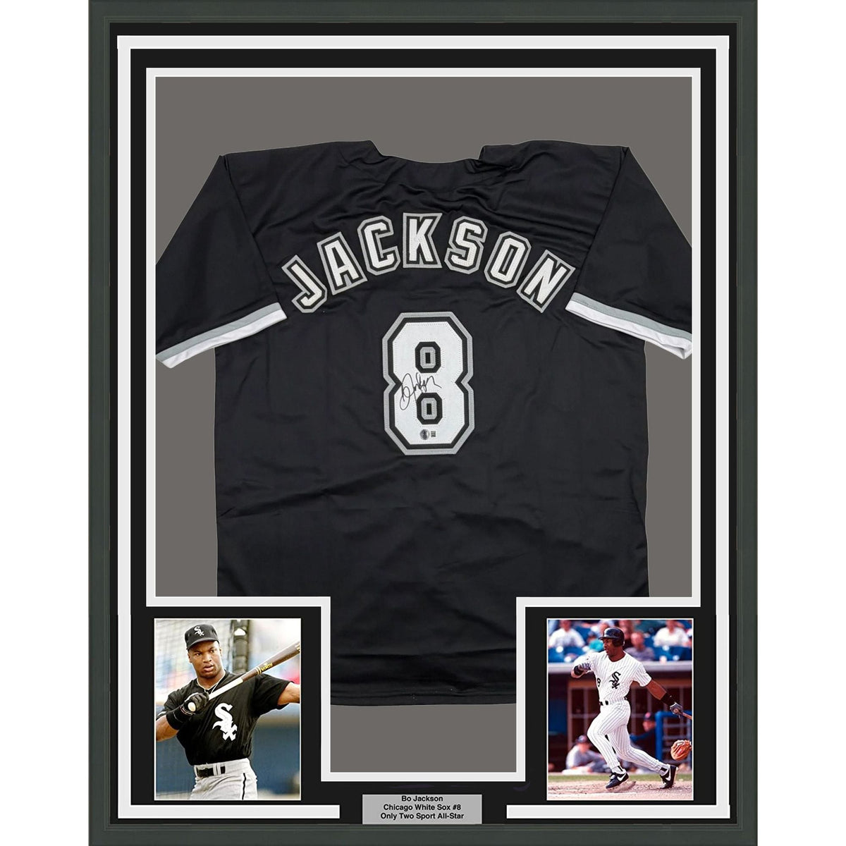 Framed Autographed/Signed Bo Jackson 35x39 Chicago Black Baseball Jersey Beckett BAS COA