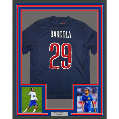 Framed Autographed/Signed Bradley Barcola 35x39 PSG Paris Saint Germain Blue Soccer Futbol Jersey Beckett BAS COA #2