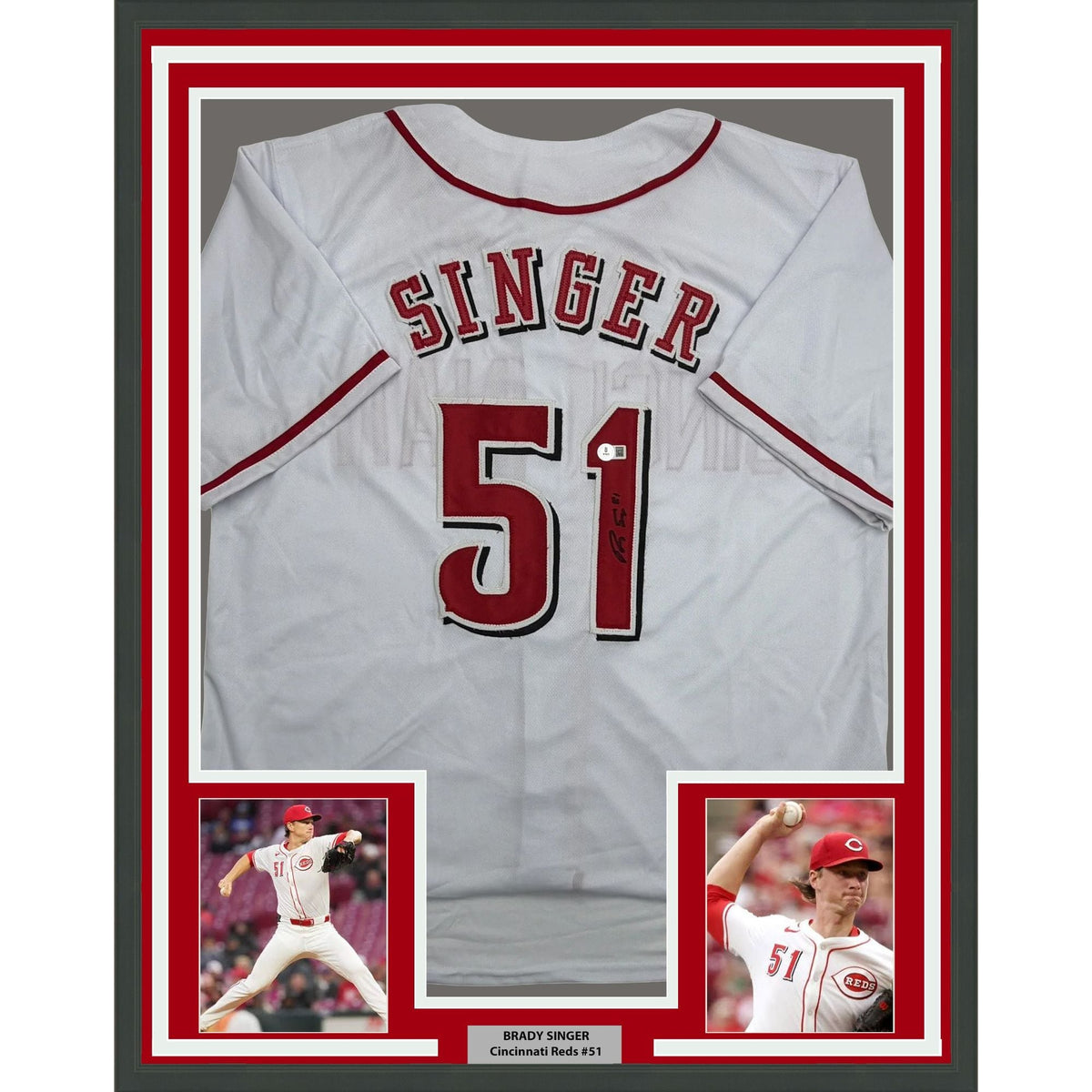 Framed Autographed/Signed Brady Singer 35x39 Cincinnati White Baseball Jersey Beckett BAS COA