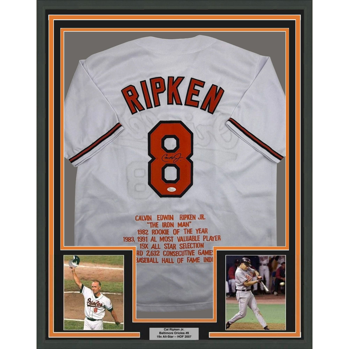 Framed Autographed/Signed Cal Ripken Jr. 35x39 Baltimore White Stat Baseball Jersey JSA COA