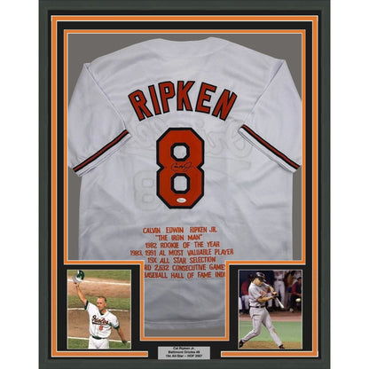 Framed Autographed/Signed Cal Ripken Jr. 35x39 Baltimore White Stat Baseball Jersey JSA COA