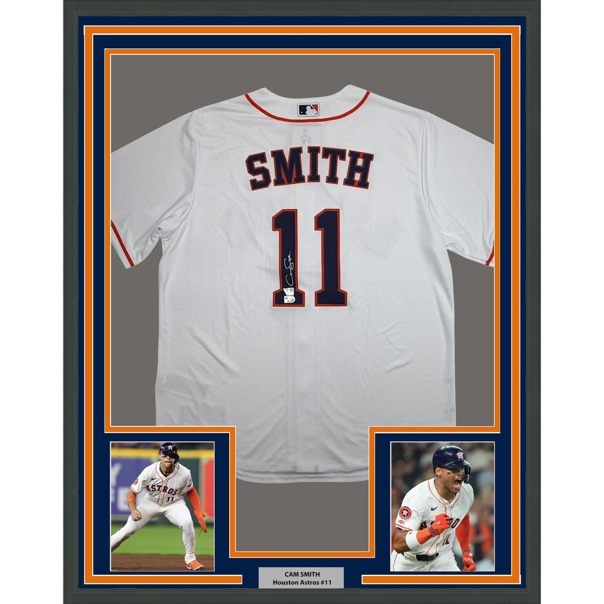 Framed Autographed/Signed Cam Smith 35x39 Houston Astros White Authentic Baseball Jersey Fanatics & MLB COA