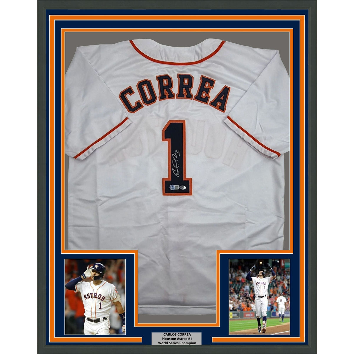 Framed Autographed/Signed Carlos Correa 35x39 Houston White Baseball Jersey Beckett BAS COA