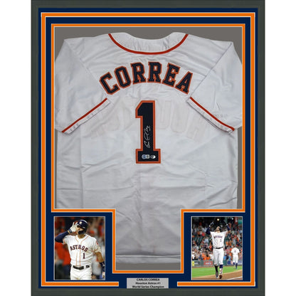 Framed Autographed/Signed Carlos Correa 35x39 Houston White Baseball Jersey Beckett BAS COA