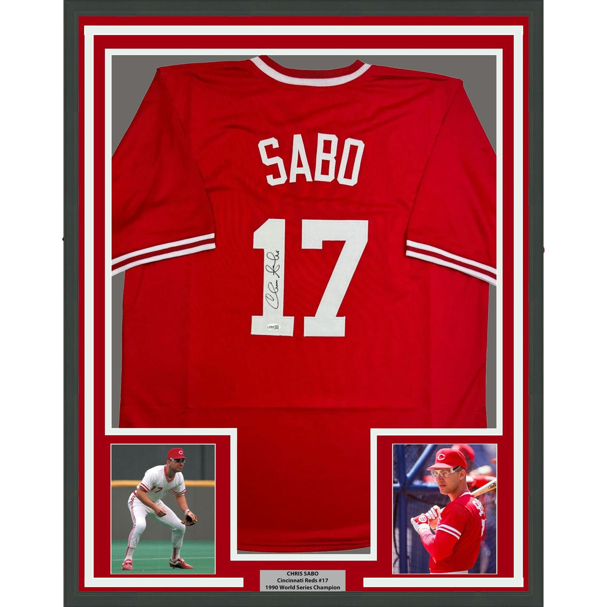 Framed Autographed/Signed Chris Sabo 35x39 Cincinnati Red Baseball Jersey JSA COA