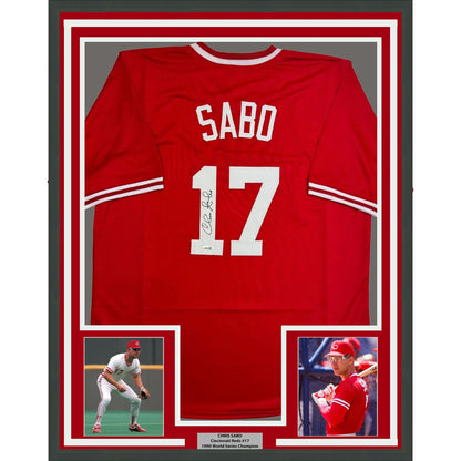 Framed Autographed/Signed Chris Sabo 35x39 Cincinnati Red Baseball Jersey JSA COA