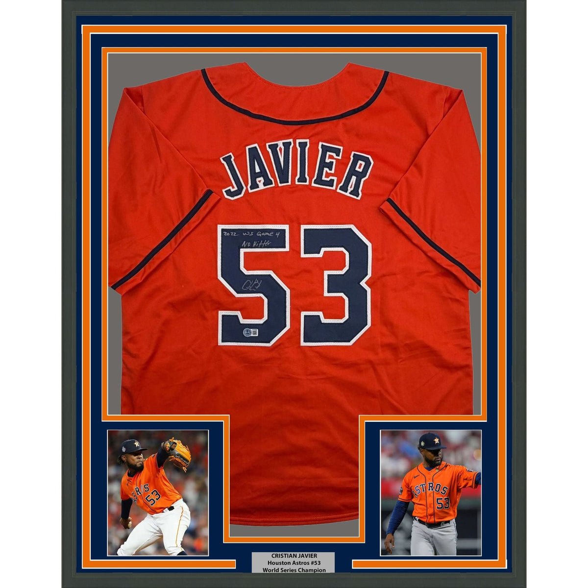 Framed Autographed/Signed Cristian Javier 35x39 Houston Orange Baseball Jersey Beckett BAS COA