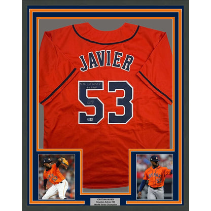Framed Autographed/Signed Cristian Javier 35x39 Houston Orange Baseball Jersey Beckett BAS COA