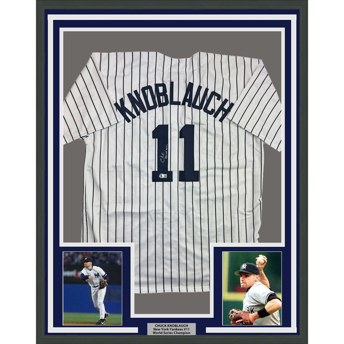 Framed Autographed/Signed Chuck Knoblauch 98-00 WSC 35x39 New York Pinstripe Baseball Jersey Beckett BAS COA