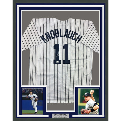 Framed Autographed/Signed Chuck Knoblauch 98-00 WSC 35x39 New York Pinstripe Baseball Jersey Beckett BAS COA