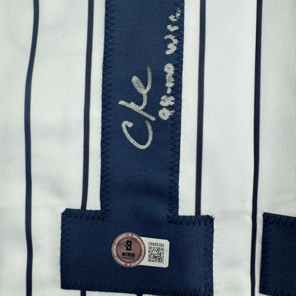 Framed Autographed/Signed Chuck Knoblauch 98-00 WSC 35x39 New York Pinstripe Baseball Jersey Beckett BAS COA