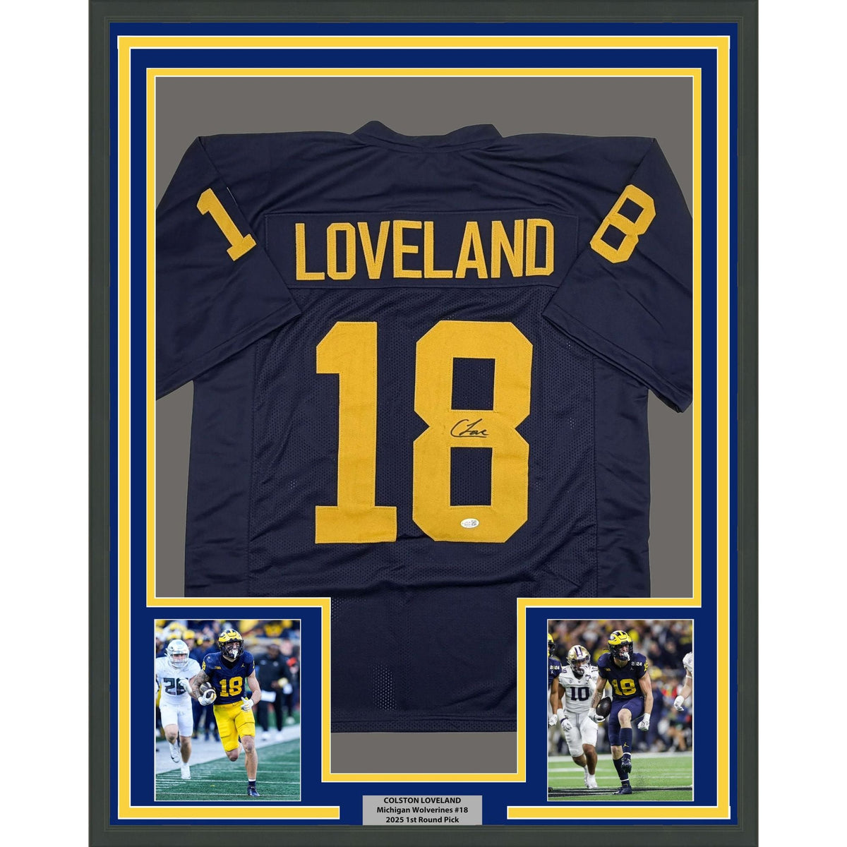 Framed Autographed/Signed Colston Loveland 35x39 Michigan Blue College Football Jersey JSA COA