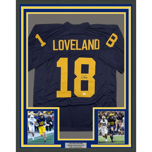 Framed Autographed/Signed Colston Loveland 35x39 Michigan Blue College Football Jersey JSA COA
