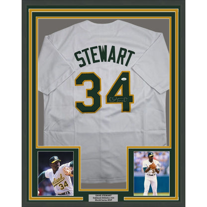 Framed Autographed/Signed Dave Stewart 35x39 Oakland White Baseball Jersey JSA COA