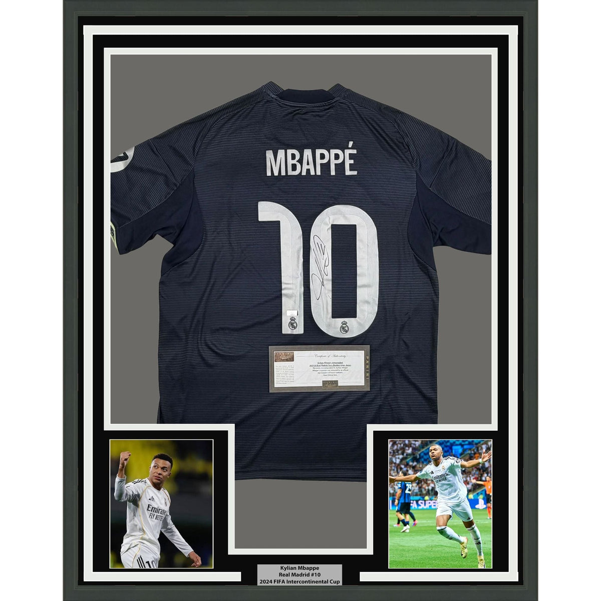 Framed Autographed/Signed Kylian Mbappe 35x39 Real Madrid Navy Blue Soccer Jersey Panini Authentic COA