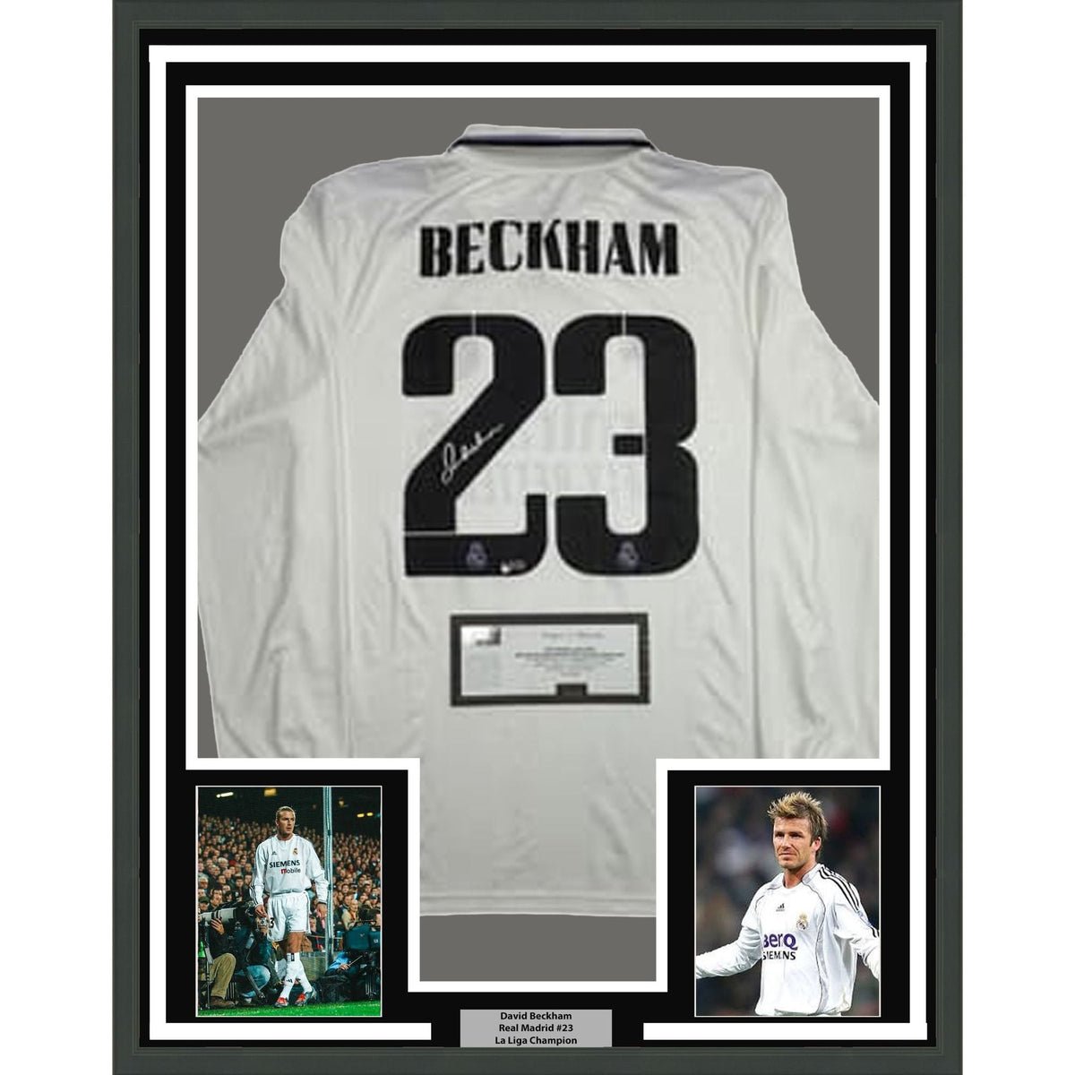 Framed Autographed/Signed David Beckham 35x39 Real Madrid White Soccer Jersey Panini Authentic COA