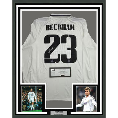 Framed Autographed/Signed David Beckham 35x39 Real Madrid White Soccer Jersey Panini Authentic COA