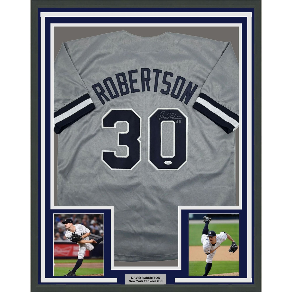 Framed Autographed/Signed David Robertson 35x39 New York Grey Baseball Jersey JSA COA