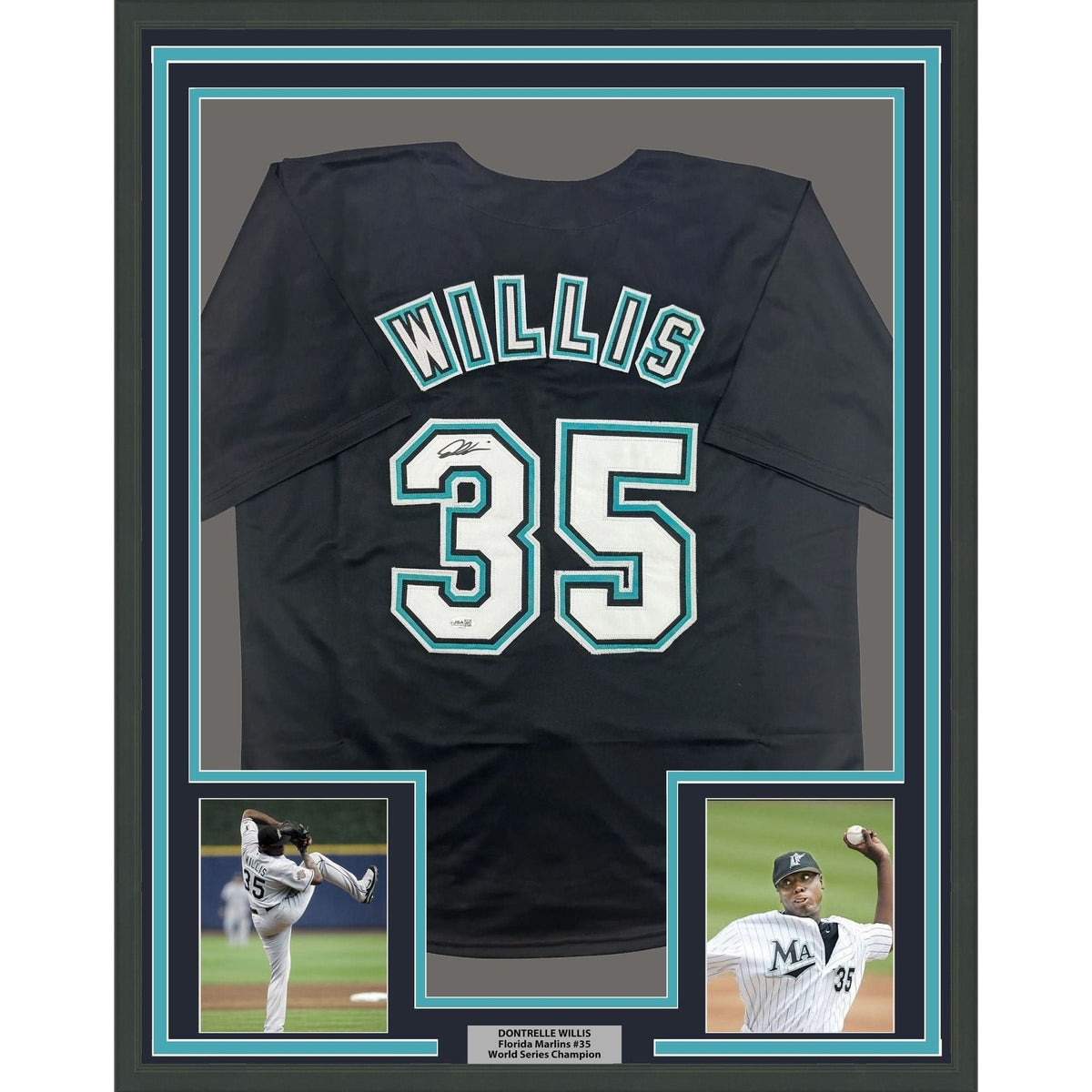 Framed Autographed/Signed Dontrelle Willis 35x39 Florida Black Baseball Jersey JSA COA