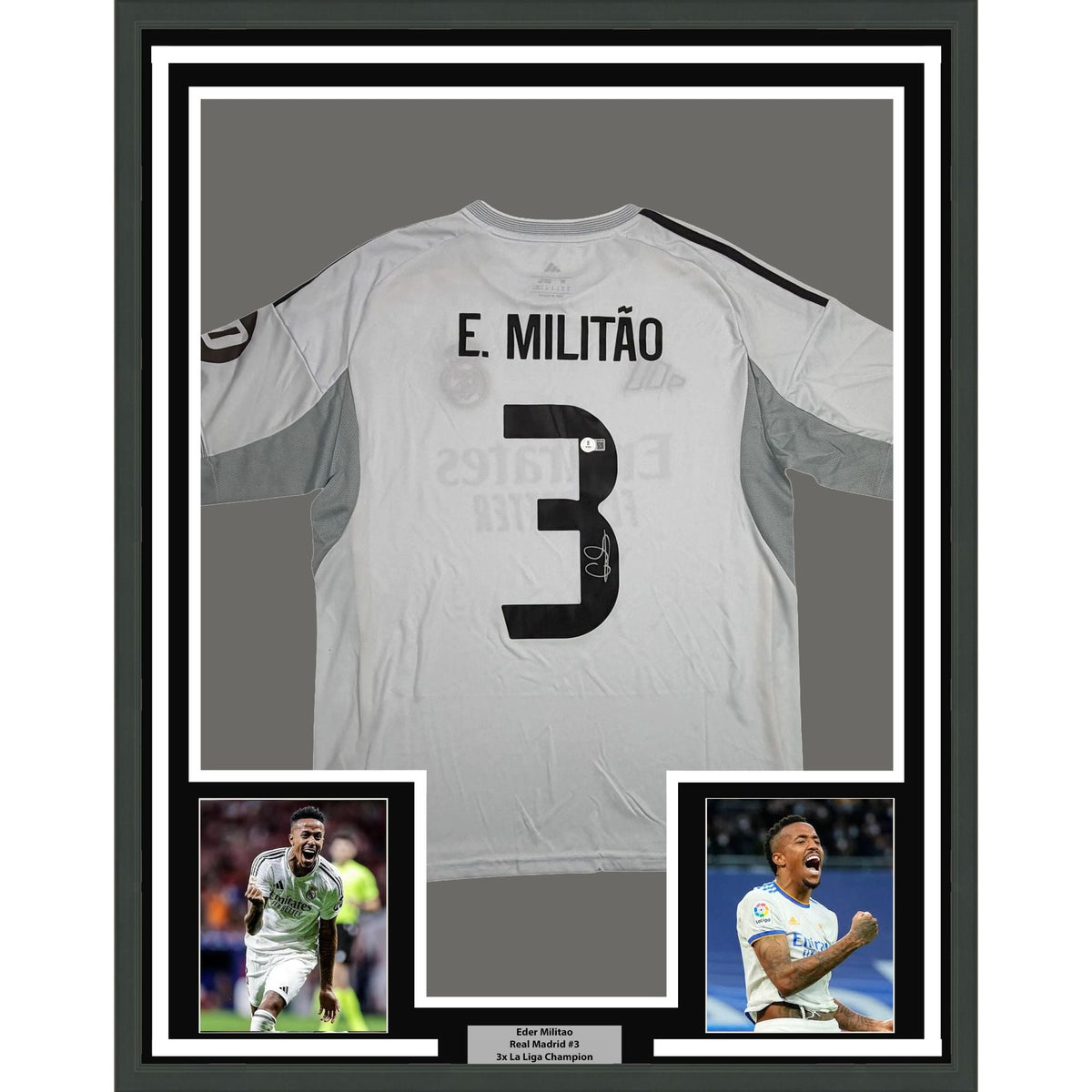 Framed Autographed/Signed Eder Militao 35x39 Real Madrid White Soccer Futbol Jersey Beckett BAS COA
