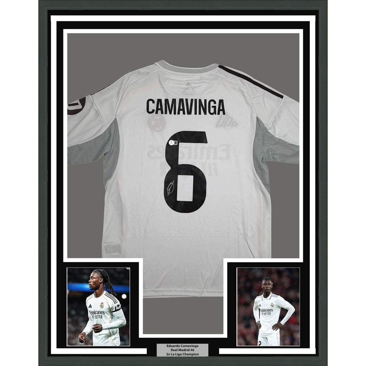 Framed Autographed/Signed Eduardo Camavinga 35x39 Real Madrid White Soccer Futbol Jersey Beckett BAS COA