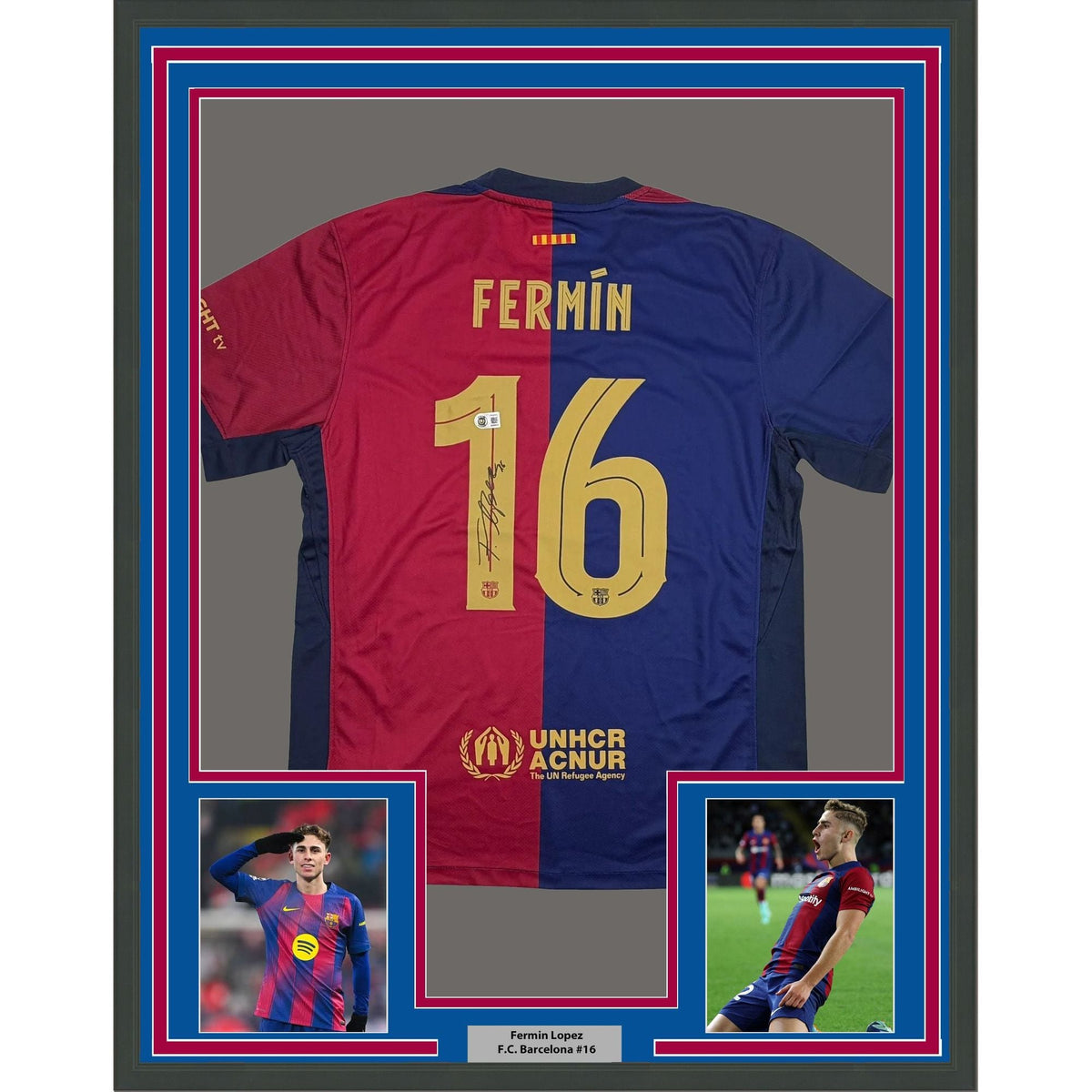 Framed Autographed/Signed Fermin Lopez 35x39 FC Barcelona Split Soccer Jersey Beckett BAS COA
