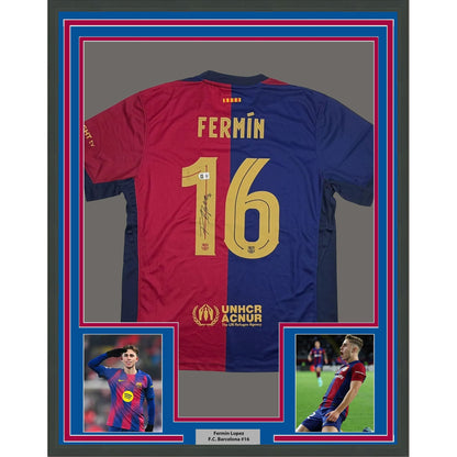 Framed Autographed/Signed Fermin Lopez 35x39 FC Barcelona Split Soccer Jersey Beckett BAS COA