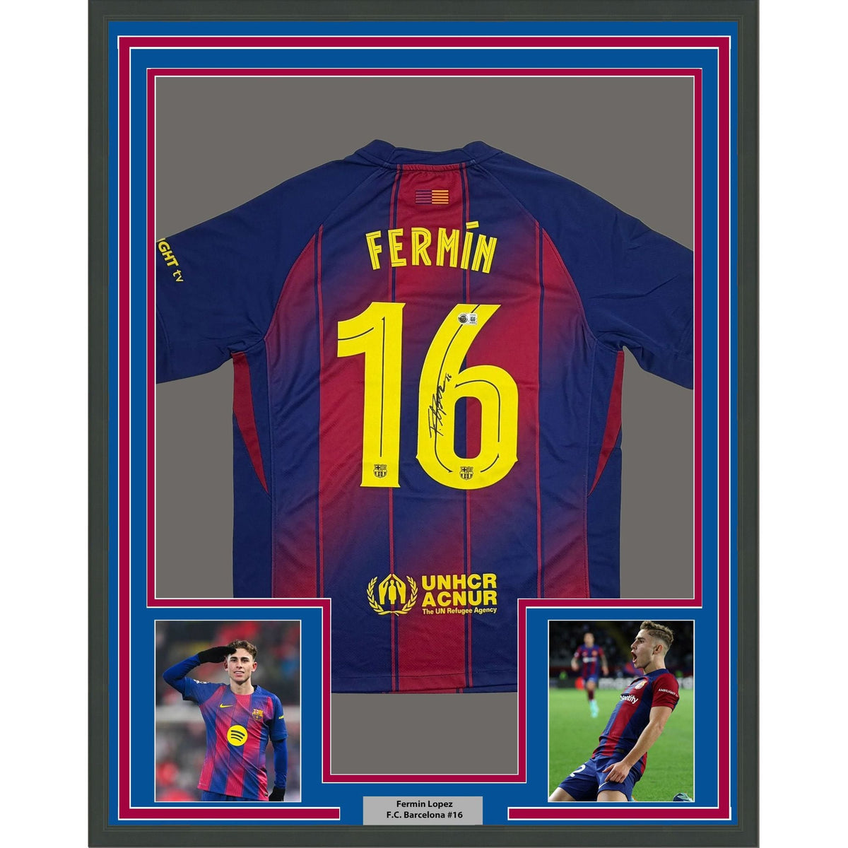 Framed Autographed/Signed Fermin Lopez 35x39 FC Barcelona Red/Blue Soccer Jersey Beckett BAS COA