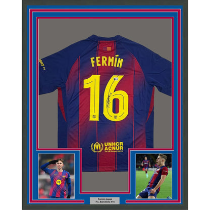 Framed Autographed/Signed Fermin Lopez 35x39 FC Barcelona Red/Blue Soccer Jersey Beckett BAS COA
