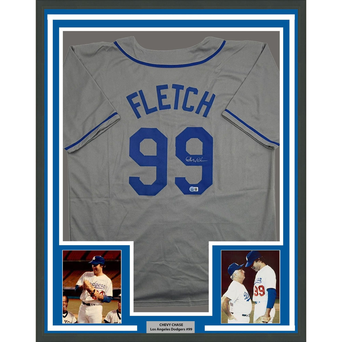 Framed Autographed/Signed Chevy Chase Fletch 35x39 Los Angeles Grey Baseball Jersey Beckett BAS COA