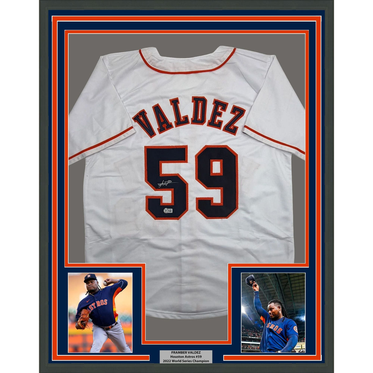 Framed Autographed/Signed Framber Valdez 35x39 Houston White Baseball Jersey Beckett BAS COA
