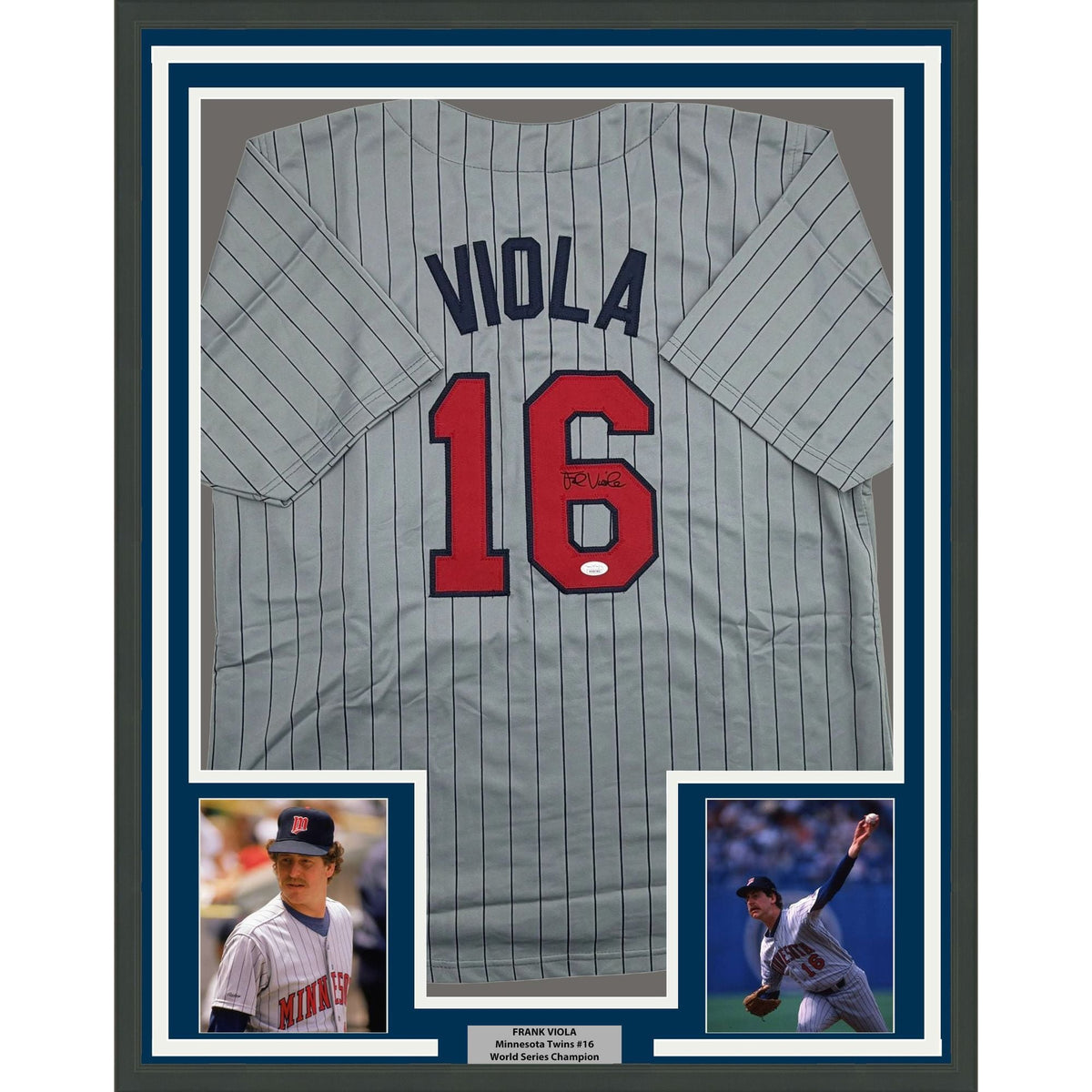 Framed Autographed/Signed Frank Viola 35x39 Minnesota Grey Pinstripe Baseball Jersey JSA COA