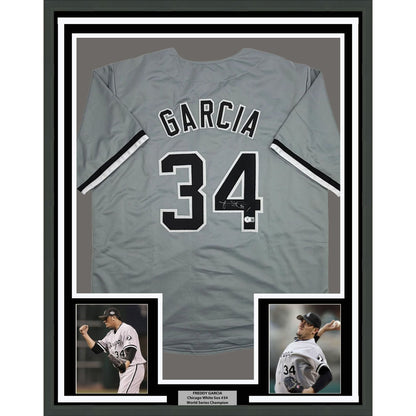 Framed Autographed/Signed Freddy Garcia 35x39 Chicago Grey Baseball Jersey Beckett BAS COA