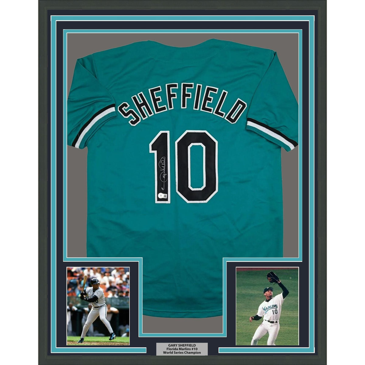 Framed Autographed/Signed Gary Sheffield 35x39 Florida Teal Baseball Jersey Beckett BAS COA