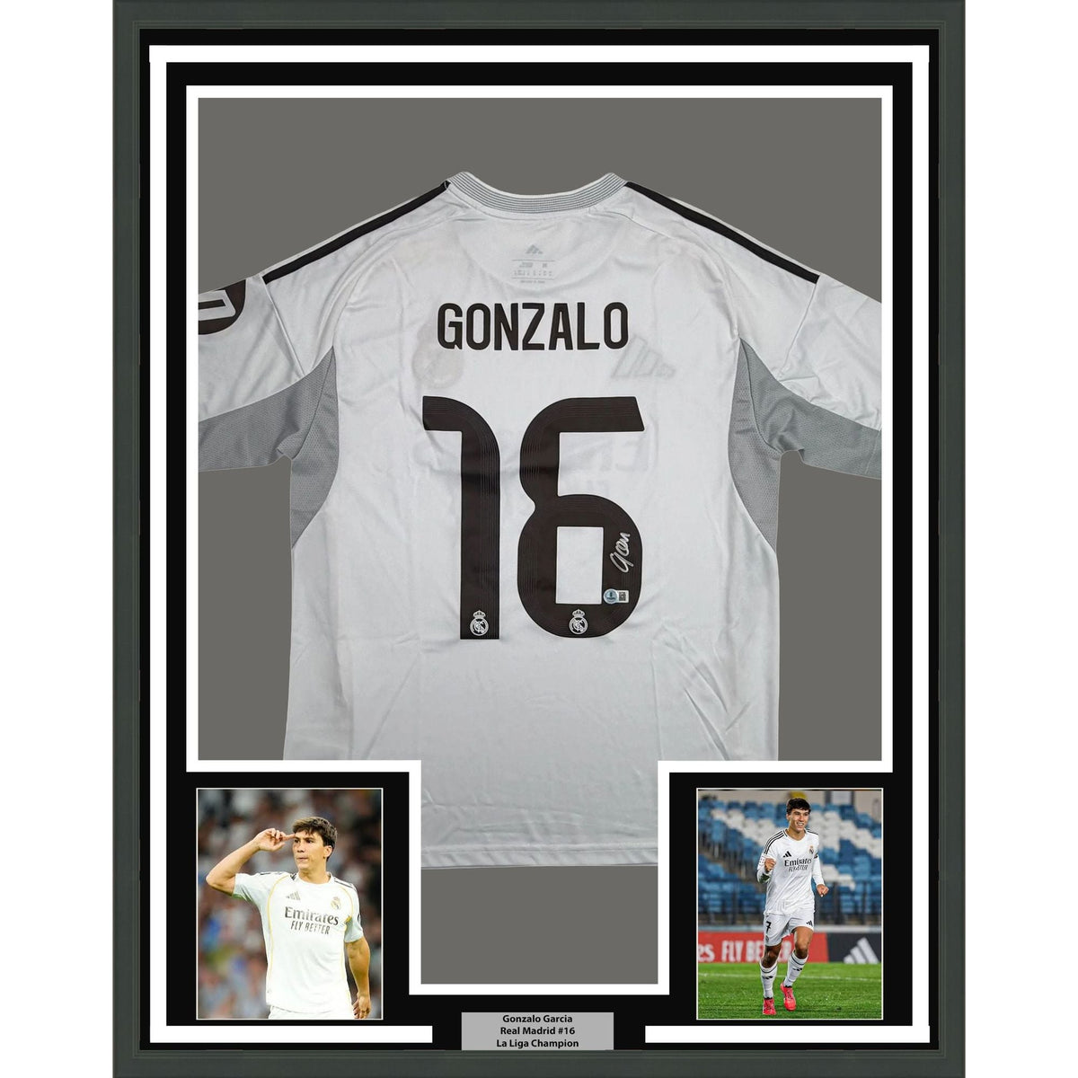 Framed Autographed/Signed Gonzalo Garcia 35x39 Real Madrid White Soccer Futbol Jersey Beckett BAS COA