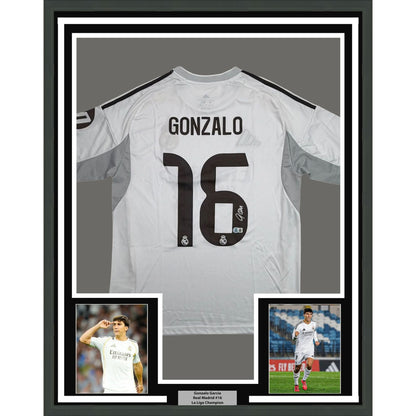 Framed Autographed/Signed Gonzalo Garcia 35x39 Real Madrid White Soccer Futbol Jersey Beckett BAS COA