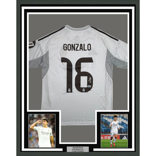Framed Autographed/Signed Gonzalo Garcia 35x39 Real Madrid White Soccer Futbol Jersey Beckett BAS COA