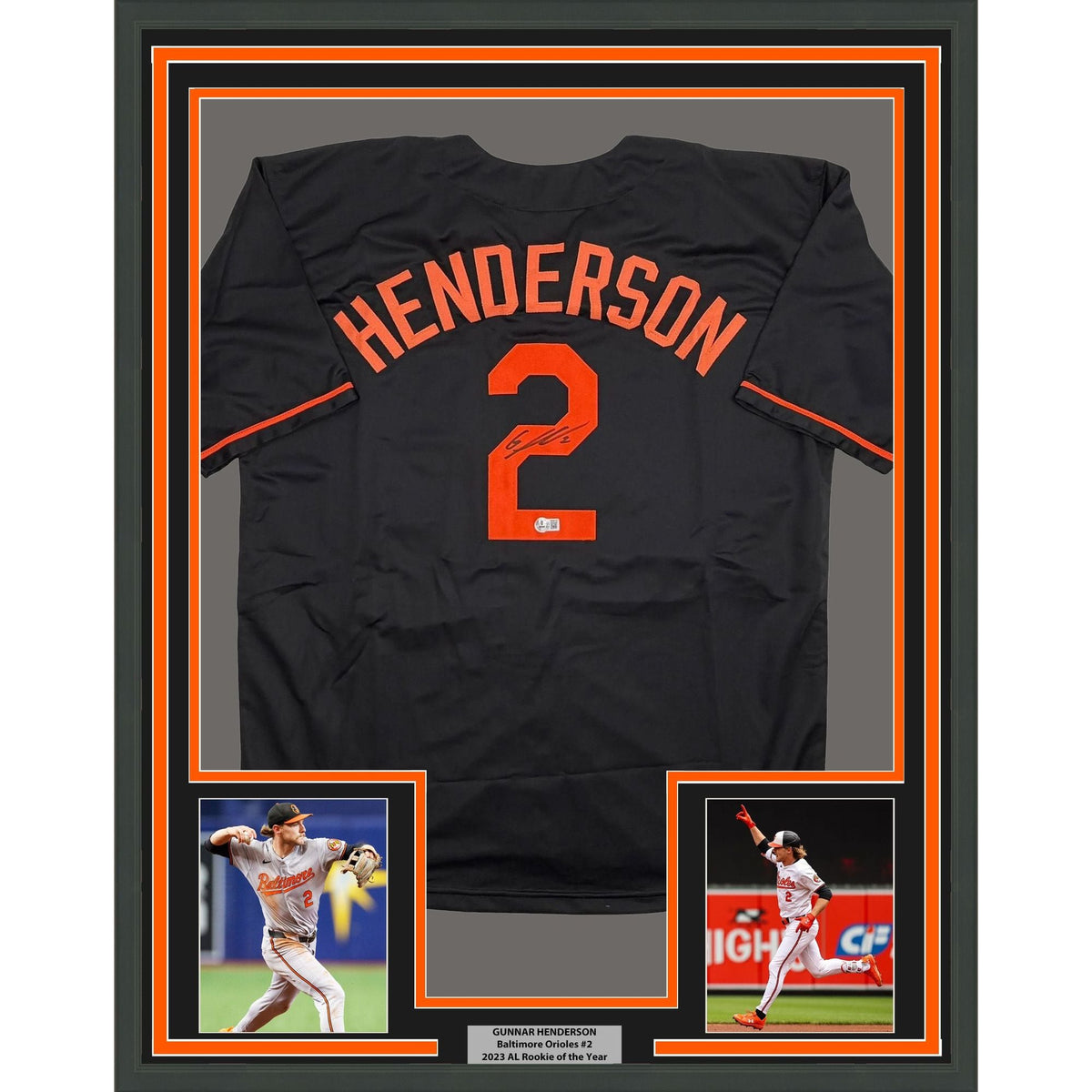 Framed Autographed/Signed Gunnar Henderson 35x39 Baltimore Black Baseball Jersey Beckett BAS COA